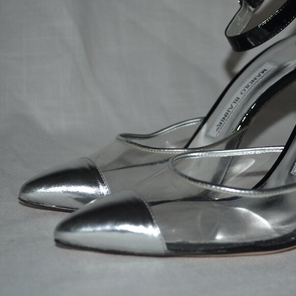 Sz 36.5 Manolo Blahnik Black Silver PCV O'Dorsay Ankle Strap 4" Pumps He… - Picture 2 of 8